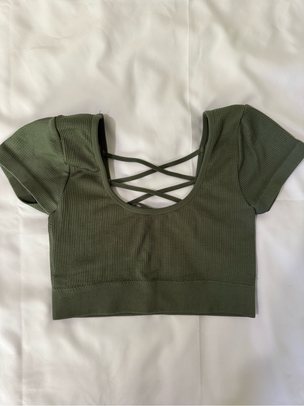 aerie Olive Green Ribbed Crisscross Athletic Crop Top, XS